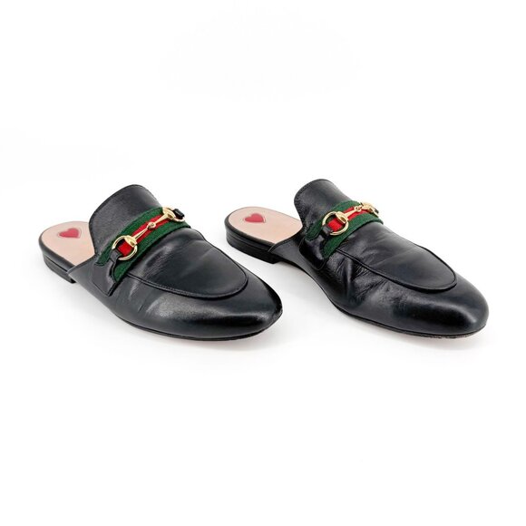 Gucci Princetown Horsebit Loafer Mule EU 38 US 8 Black Leather Flat Web Stripe - Picture 1 of 13